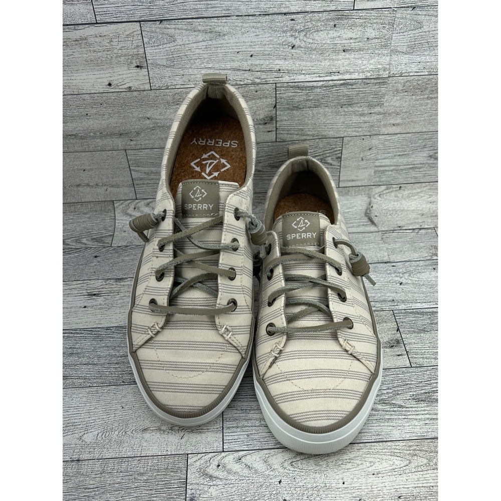 Sperry Crest Vibe Women Sz 7.5M Beige Tan Striped Textile Sneakers STS88683